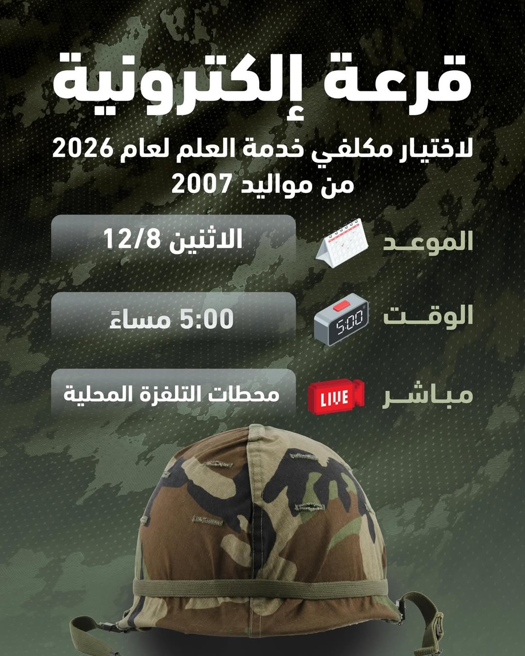 وزير الاتصال الحكومي:إجراء القرعة الإلكترونية لاختيار مكلفي خدمة العلم لعام 2026  الساعة الخامسة من مساء يوم الاثنين